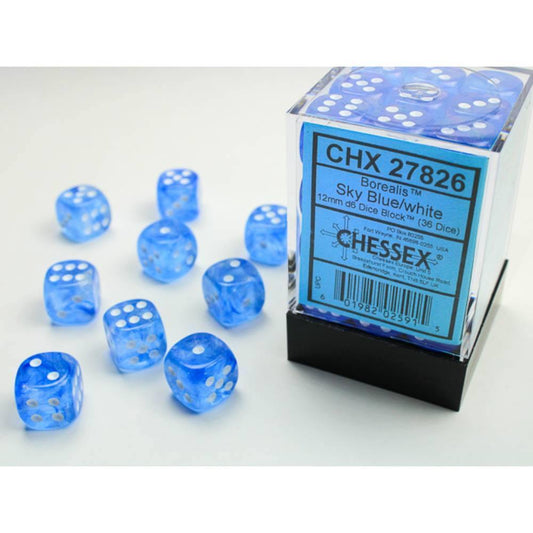 Borealis: 12mm D6 Sky Blue/White/Black (36)