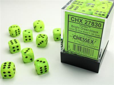 VORTEX® 12MM D6 BRIGHT GREEN/BLACK DICE BLOCK™ (36 DICE)